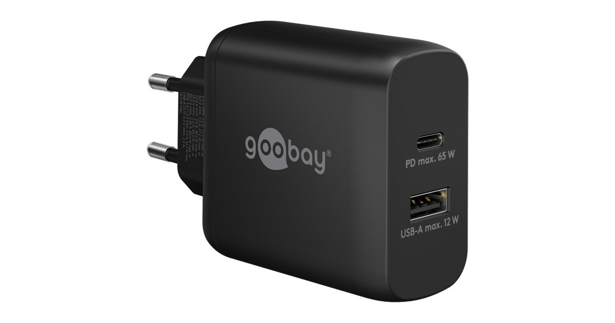 goobayUSB-C PD GaN Dual snellader (65 W)  (Zwart, 1x USB-C, 1x USB-A, Power Delivery)