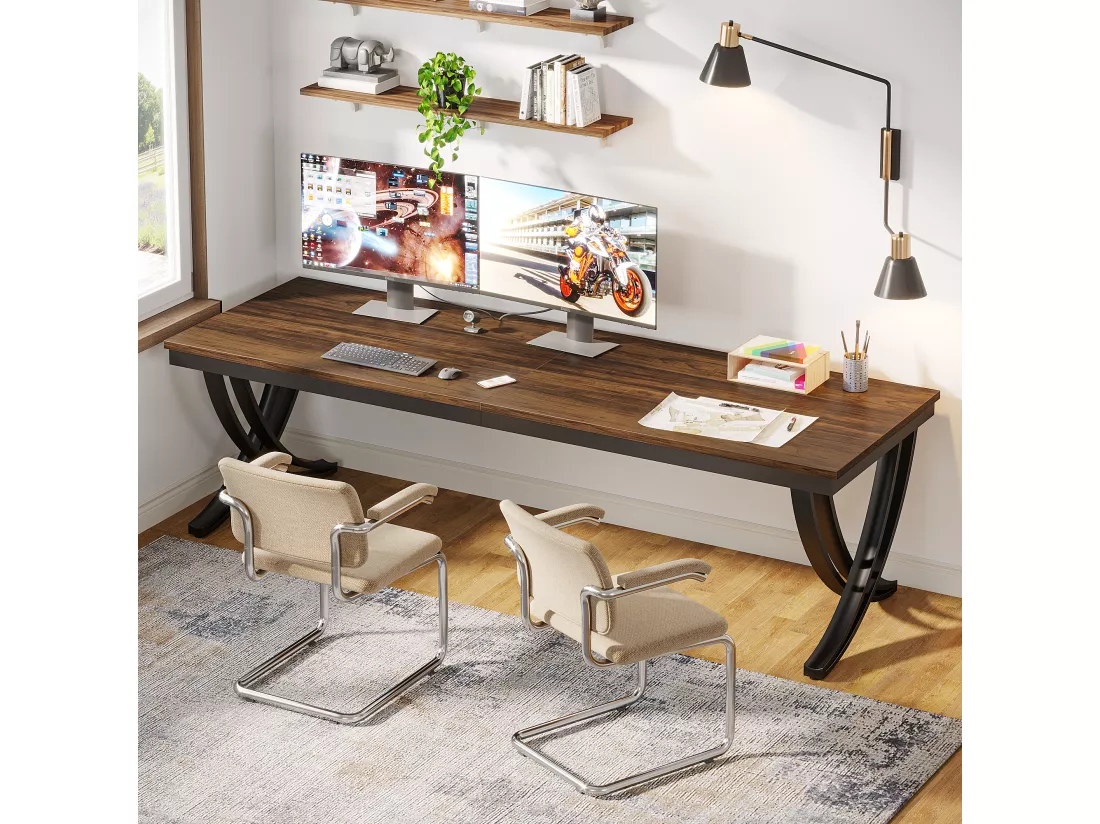 Bureau Informatique, Table d'ordinateur Portable, Double Bureau Long pour Chambre de Bureau à Domicile, 200 x 70 x 75 cm, Marron Rustique