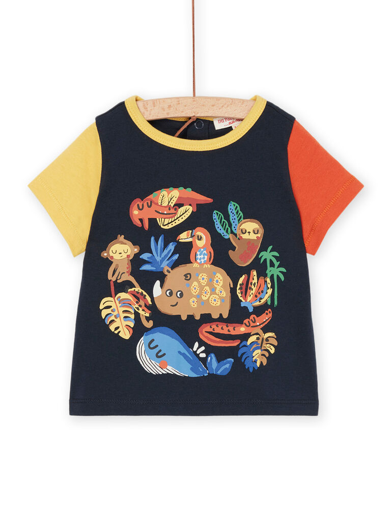 T-shirt bleu nuit à manches jaune et orange