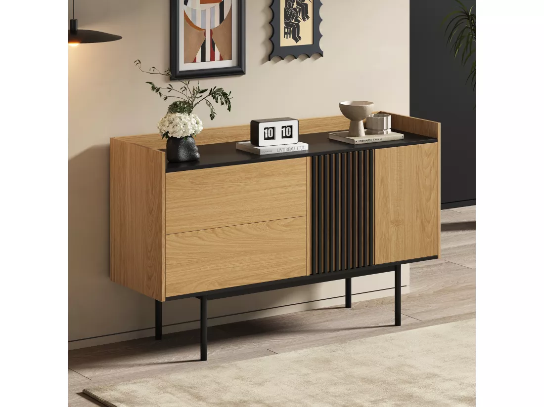Buffet bas avec 2 tiroirs et 2 portes - 130 x 40 x 80.5 cm - étagère réglable - Bois MDF - Naturel + noir