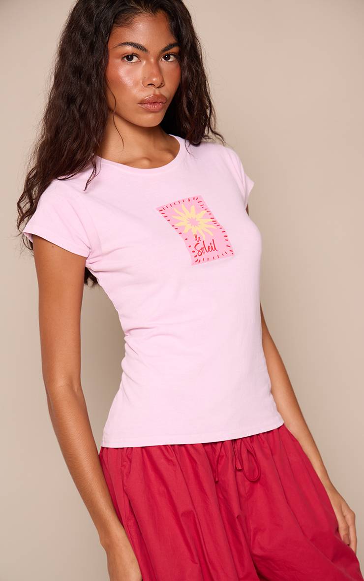 Rose T-shirt Ajusté En Coton À Motif Soleil Abstrait