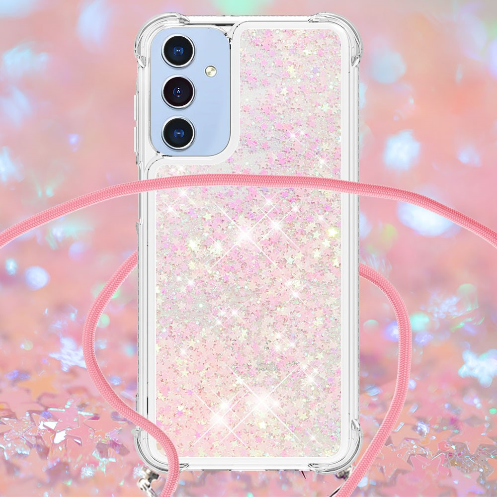 Samsung Galaxy A15 Necklace Gummi Hülle Liquid Glitzer   Handykette (130cm) - Rosa