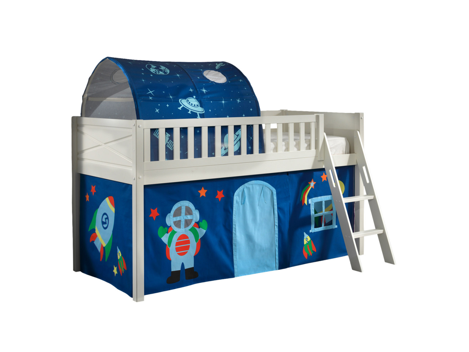 Spielbett SCOTT - weiß - Astro - mit Vorhang, Leiter und Tunnel - 90x200 cm