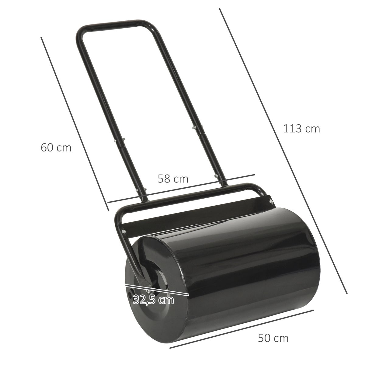 Outsunny gazonrol met U-greep, tuinrol, 32 cm diameter, 38 L watercapaciteit/62 kg, 58 x 32,5 x 113 cm, metaal, zwart