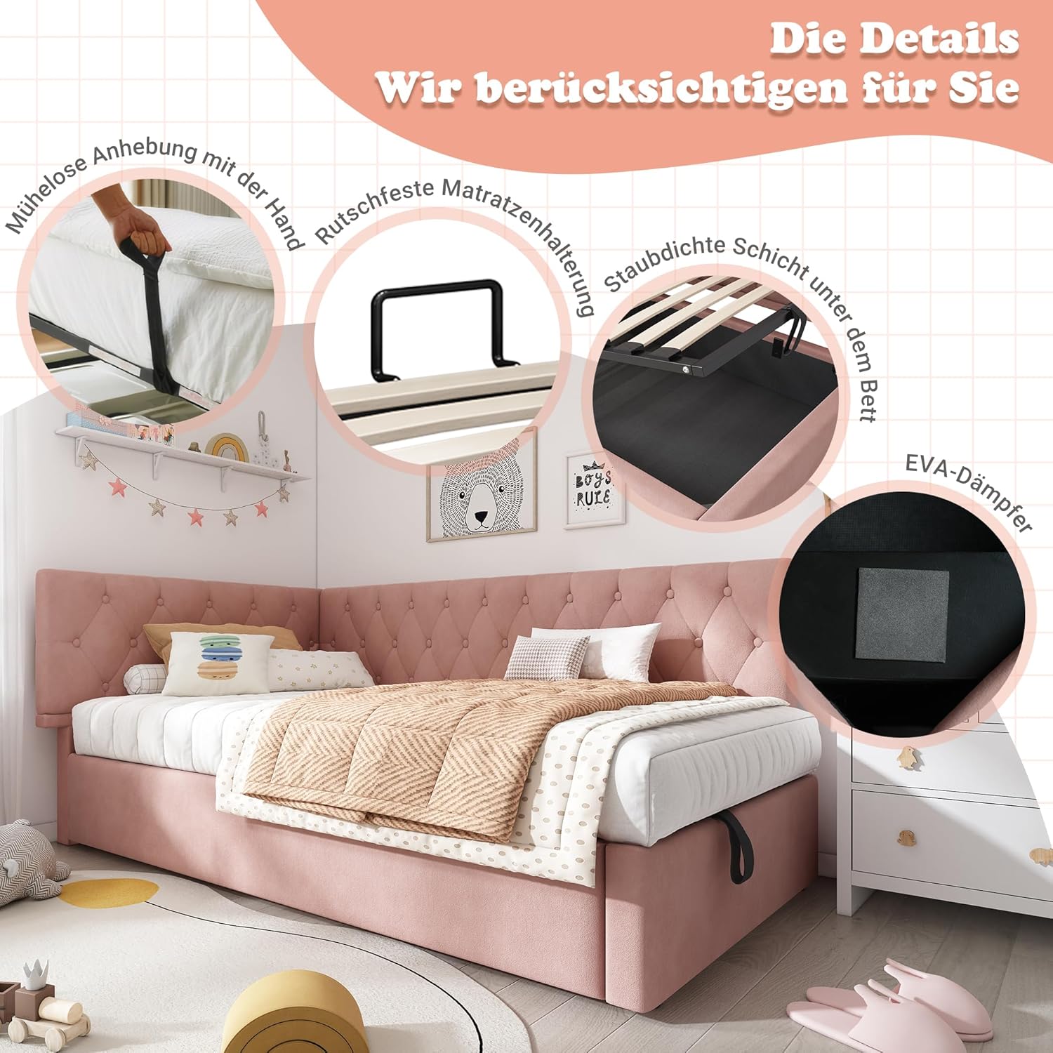Merax Polsterbett Tagesbett Daybett 90x200cm, Schlafsofa mit hydraulischem Stauraum, Kinderbett Jugendbett Bettgestell mit Lattenrost aus Holz, Samt, Rosa, ohne Matratze