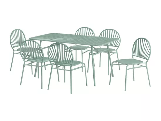 Salle à manger de jardin en métal : une table L.160 cm et 6 chaises - Vert amande - CEDEIRA de MYLIA