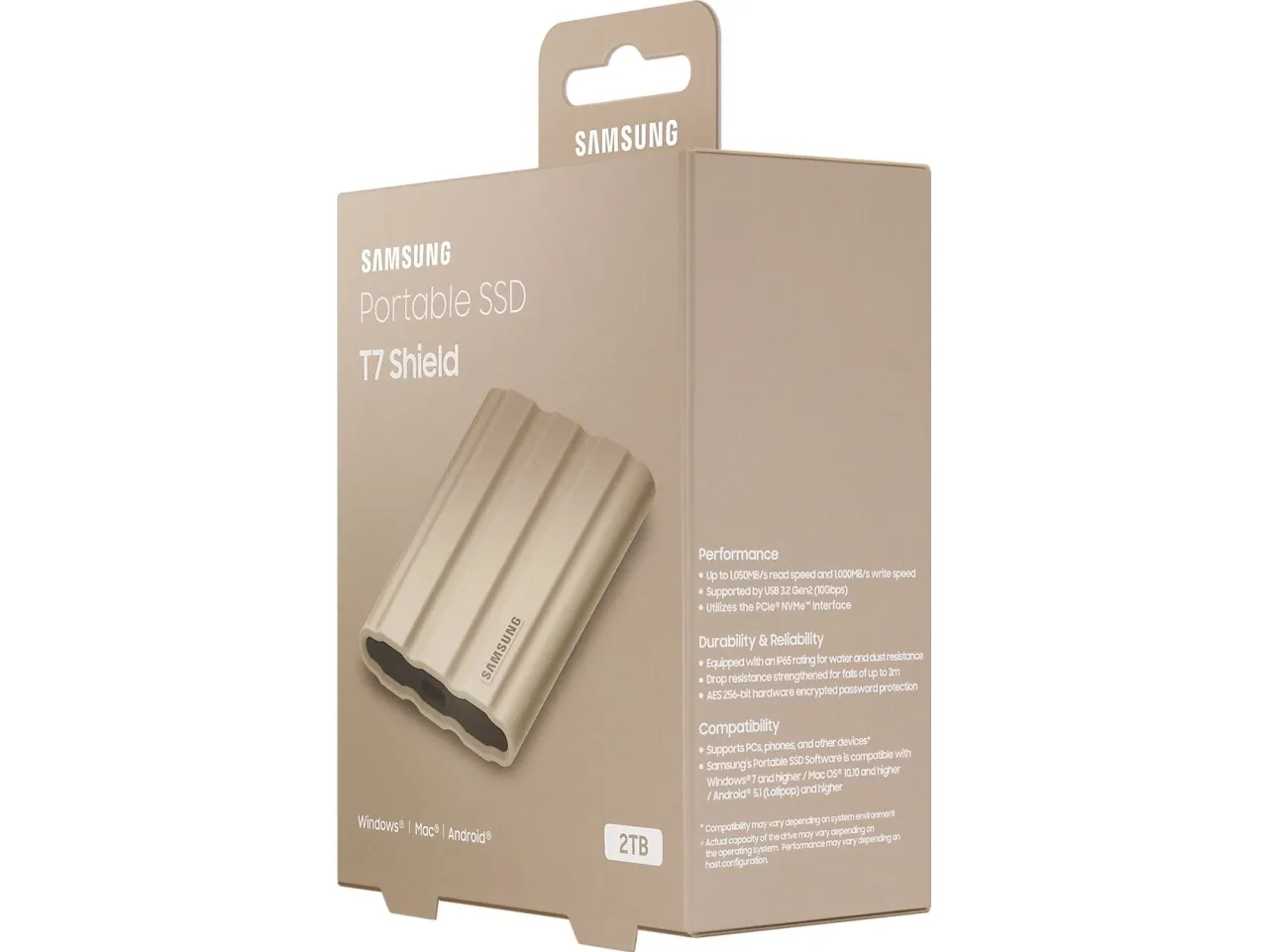 Samsung T7 Shield MU-PE2T0K - SSD - krypteret - 2 TB - ekstern (bærbar) - USB 3.2 Gen 2 (USB-C stikforbindelse) - 256-bit AES - beige