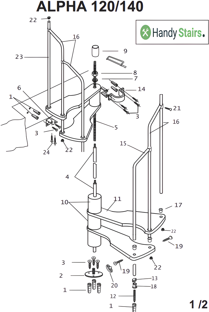 HandyStairs ruimtebesparende wenteltrap “Alpha” – 299 cm hoog – trappenhuis 125 x 65 cm – 12 treden van grenenhout