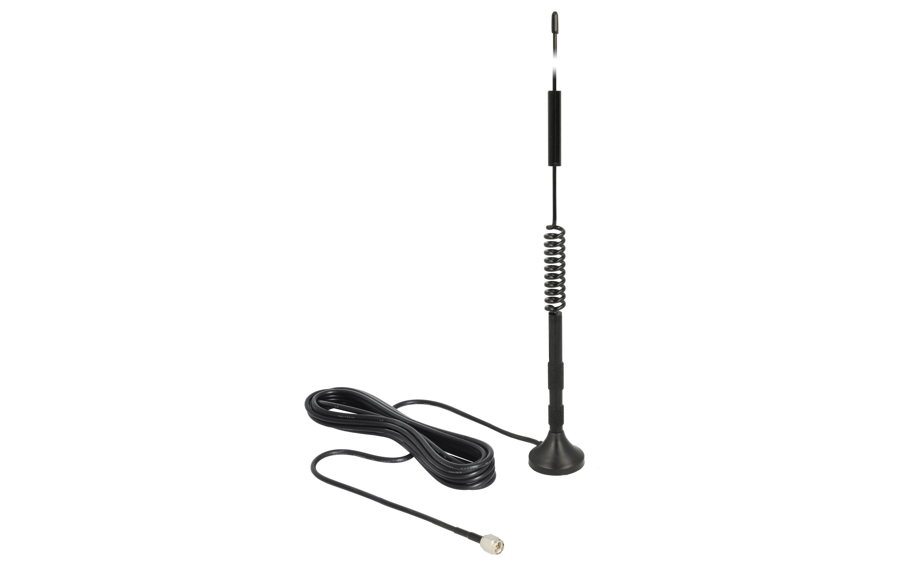 LTE/LoRA-Antenne SMA 0.8-2.1GHz 32 cm SMA 5 dBi RundstrahlDelock LTE Antenne SMA Stecker 5 dBi starr omnidirektional mit magnetischem Standfuss und Anschlusskabel RG-174 3 m outdoor schwarz