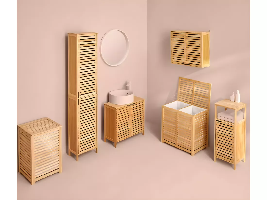 Colonne SDB de 2 portes en bambou naturel - Dim : L.34 x P.24 x H.170 cm
