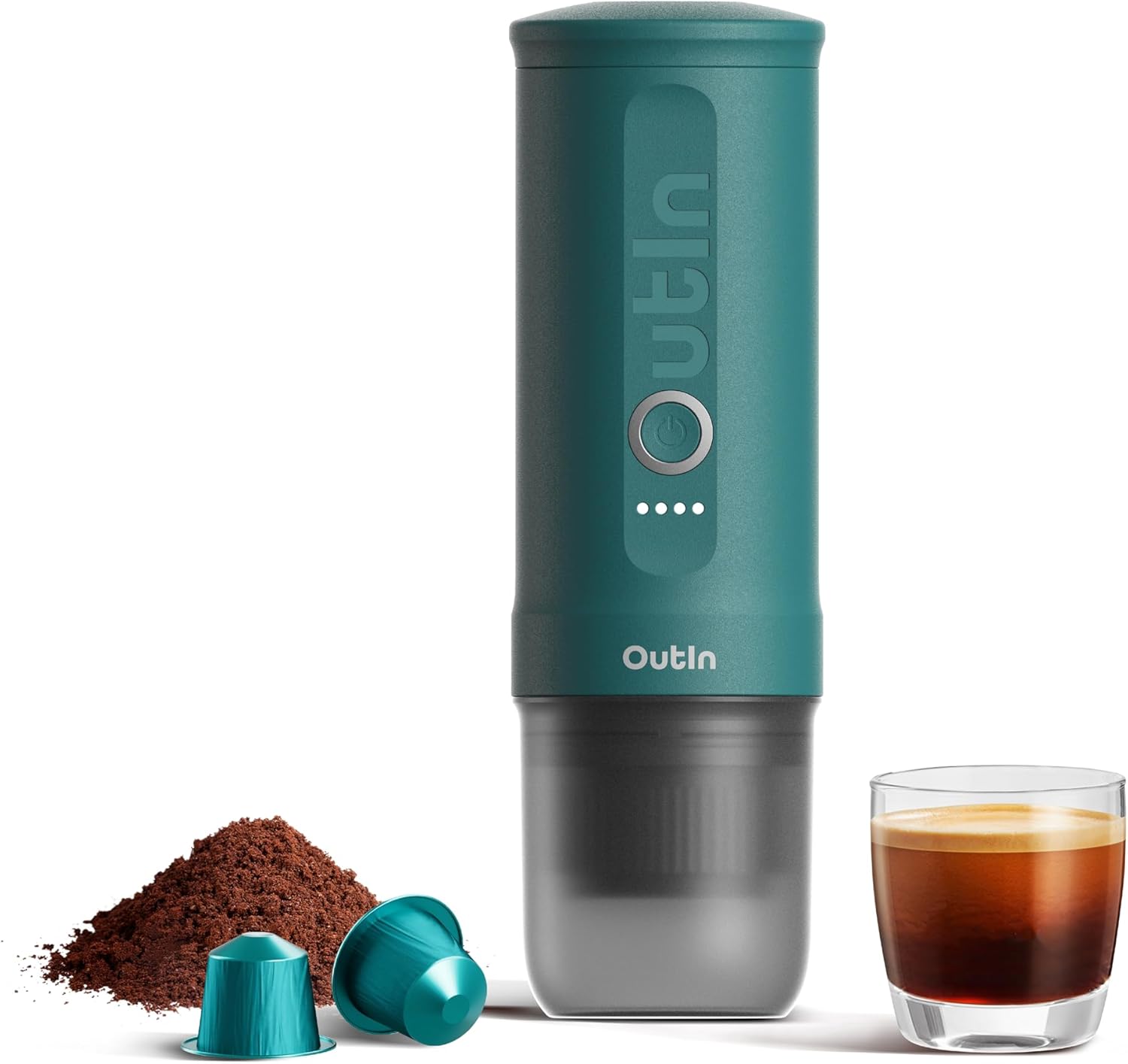 OutIn Nano Minimachine à espresso portable à piles avec auto-chauffage en 3-4 minutes, petite cafetière de voiture 20 bars 12V 24 V avec mallette de transport, capsules NS (Sarcelle D'été)