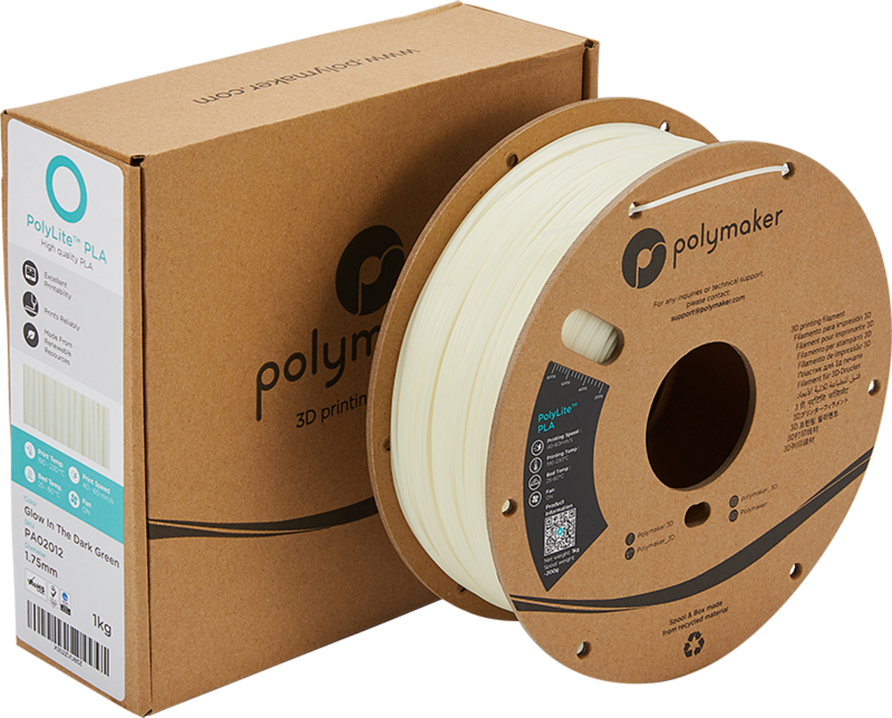 Polymaker  PolyLite PLA Glow in the Dark Green, 1,75 mm (1.000 g)    Im Dunkeln leuchtendes PLA Filament für FDM Drucker