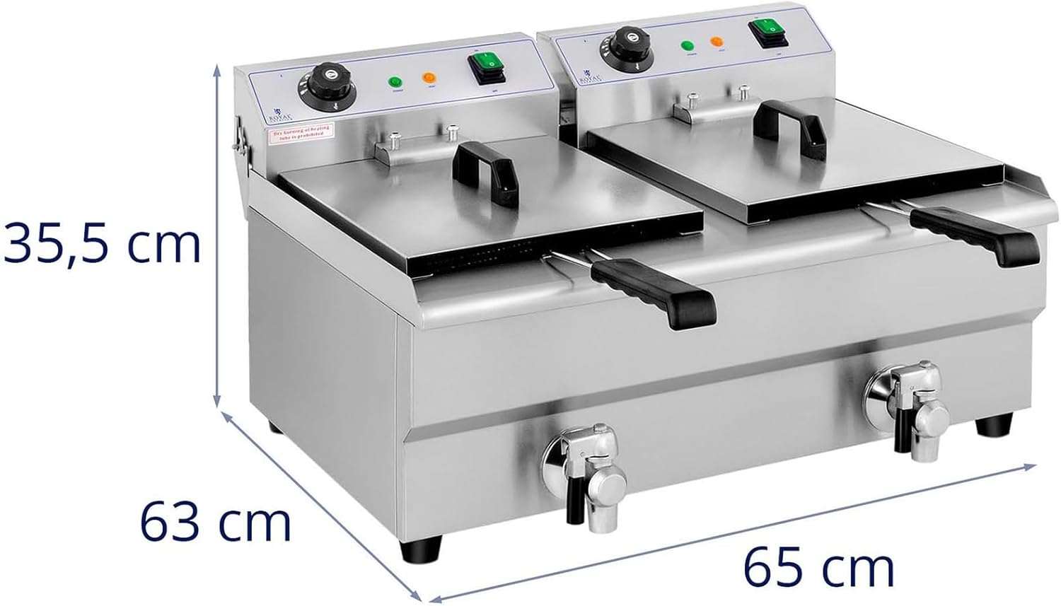 Royal Catering Elektro-Doppel-Fritteuse Edelstahl Doppel-Fritteuse (2 x 3200 W, Kapazität: 2 x 13 l, Temperaturbereich: 50-200 °C, Kaltzone, mit Ablasshähnen)