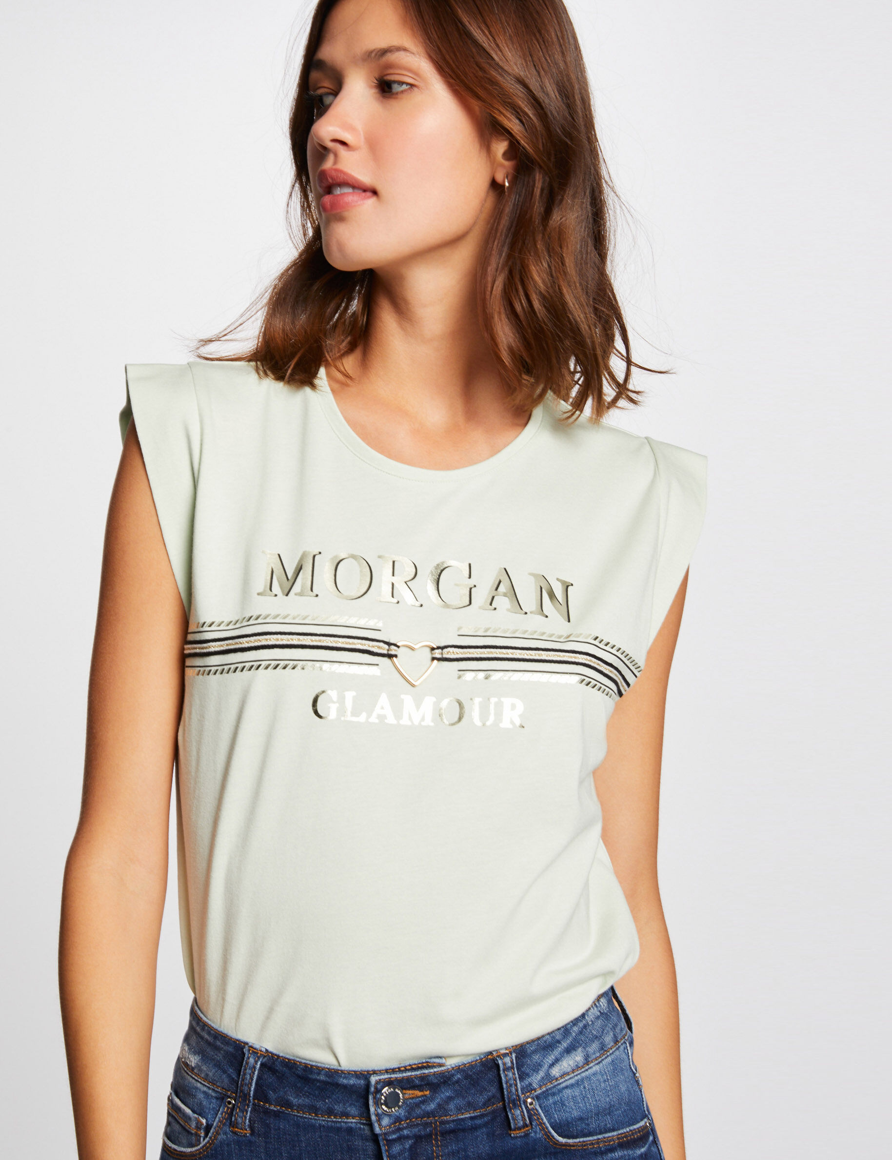 T-shirt manches courtes à inscription vert clair femme - vert_clair