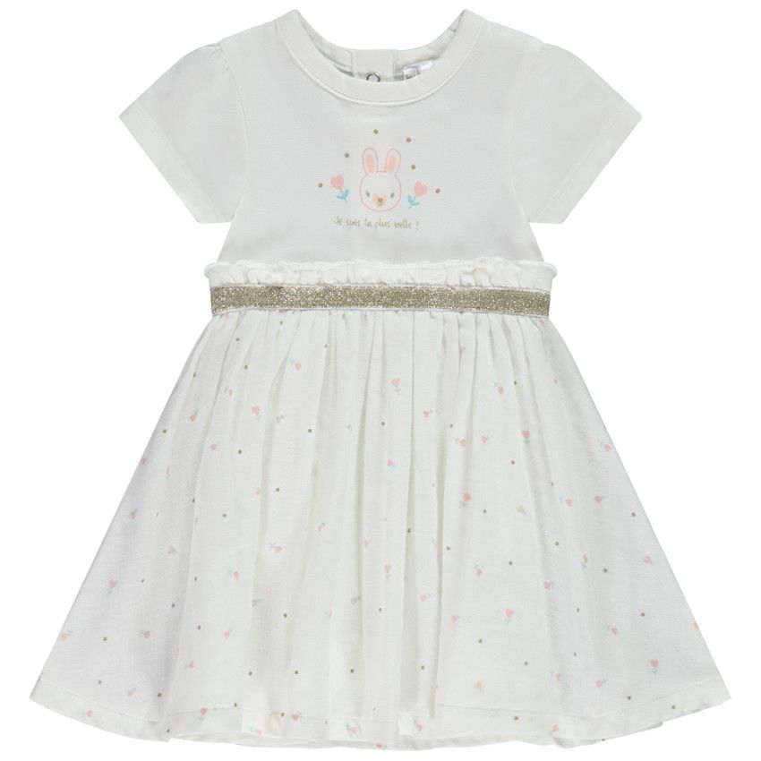 Robe 2 en 1 en jersey et double gaze de coton print lapin pour bébé fille - Ecru