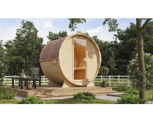 Karibu Rondi barrelsauna zonder oven, met houten deur en geïsoleerd glas, warmte-geïsoleerd