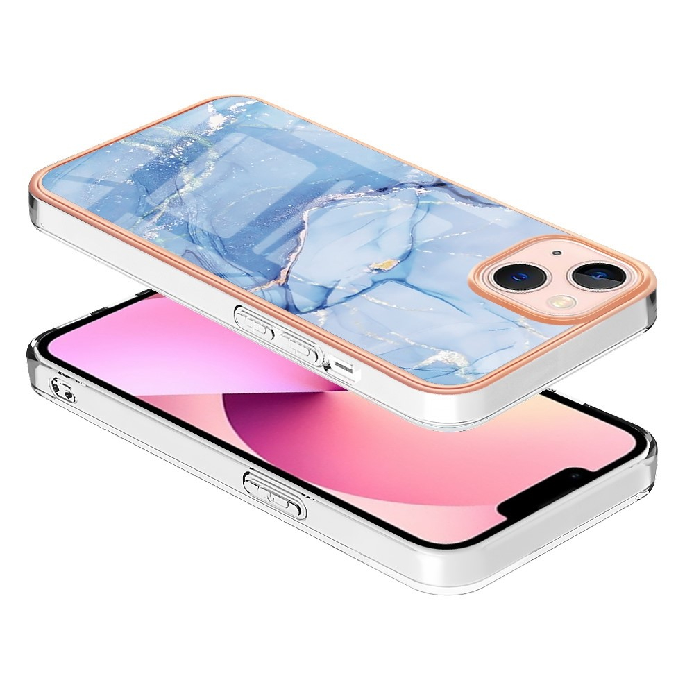 iPhone 14 Gummi Case Hülle Galvanisierter Rahmen Marble Marmor Design - Hellblau / Roségold