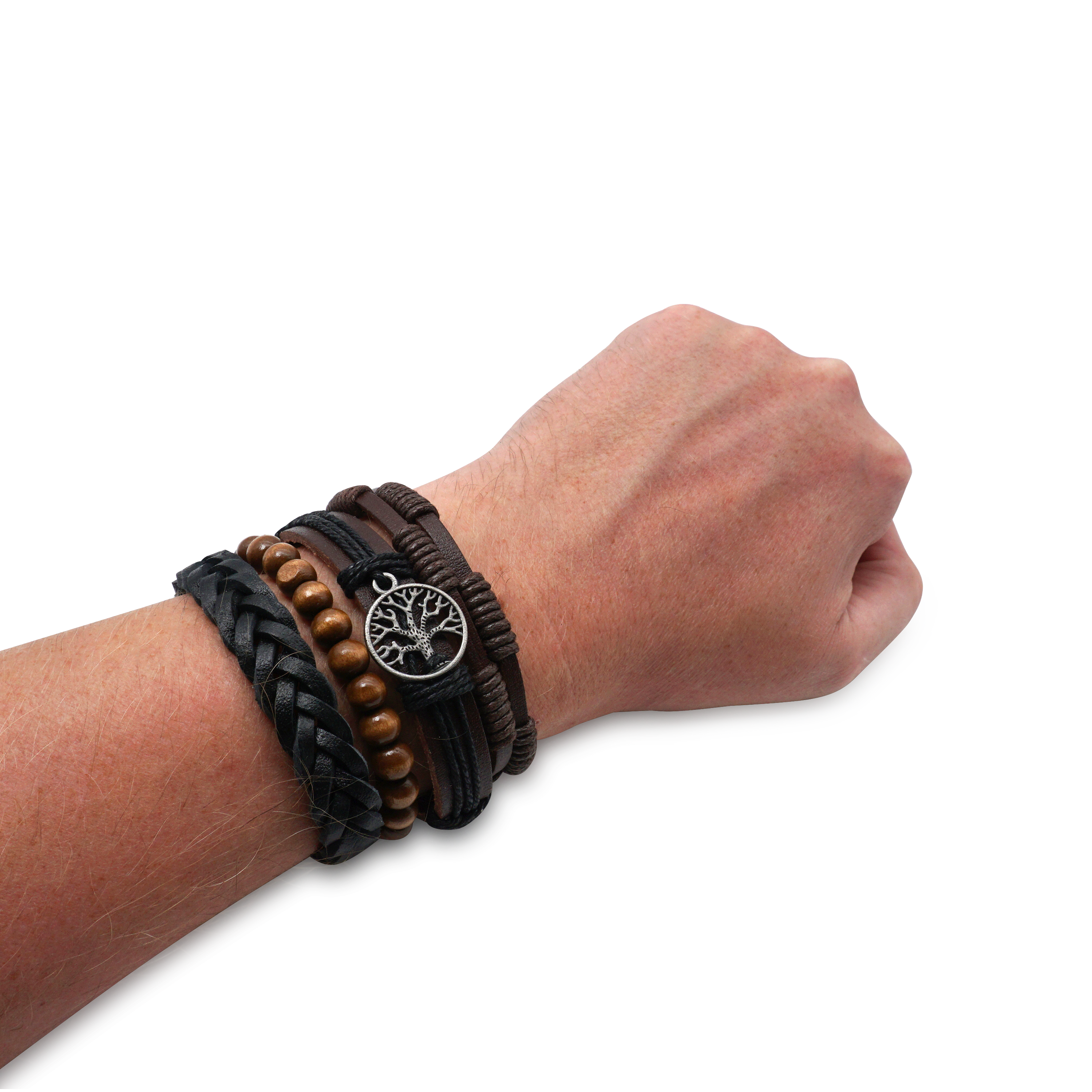 (4-tlg. Set) Mehrreihiges Leder Herren Armband Set Tree of Life - Schwarz / Braun