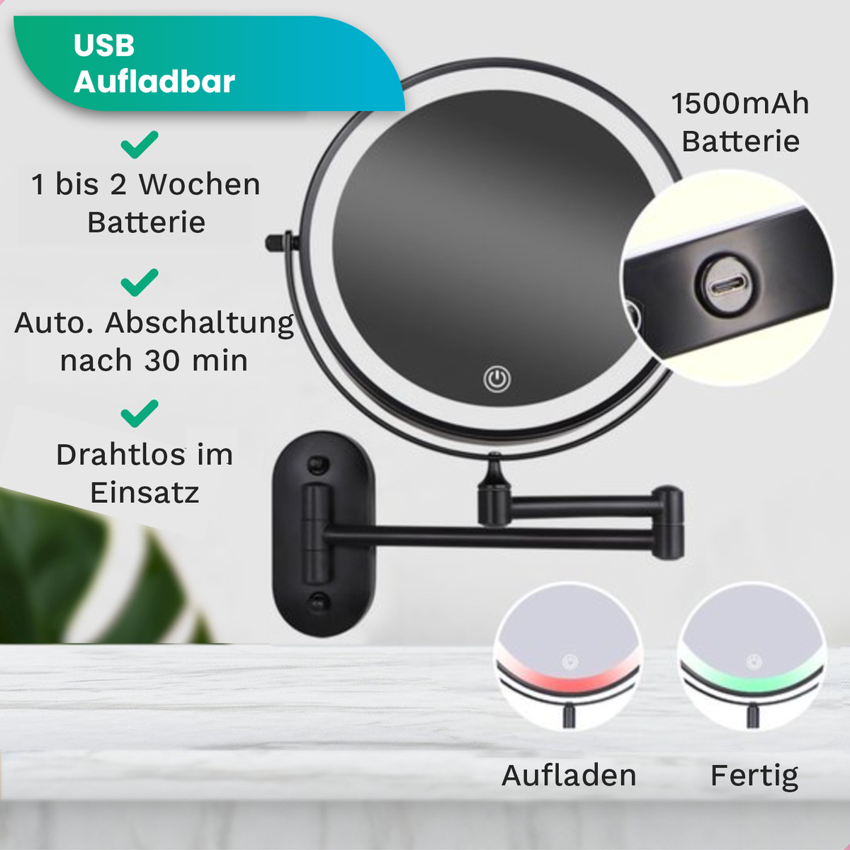 Mirlux make-upspiegel met ledverlichting, cosmetische spiegel, 5x vergroting scheerspiegel, wandmodel, zwart