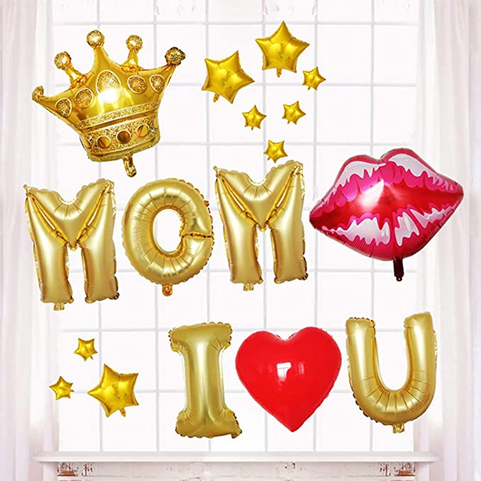 (19-tlg. Set) Deko Ballons Muttertag Folien Luftballon - I Love You Mom / Herz / Krone