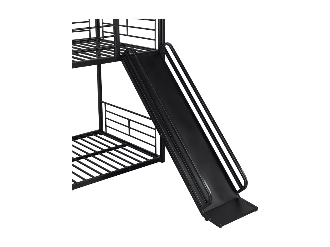 Lit superposé 90x200cm en fer - avec toboggan et barrières de sécurité - Noir