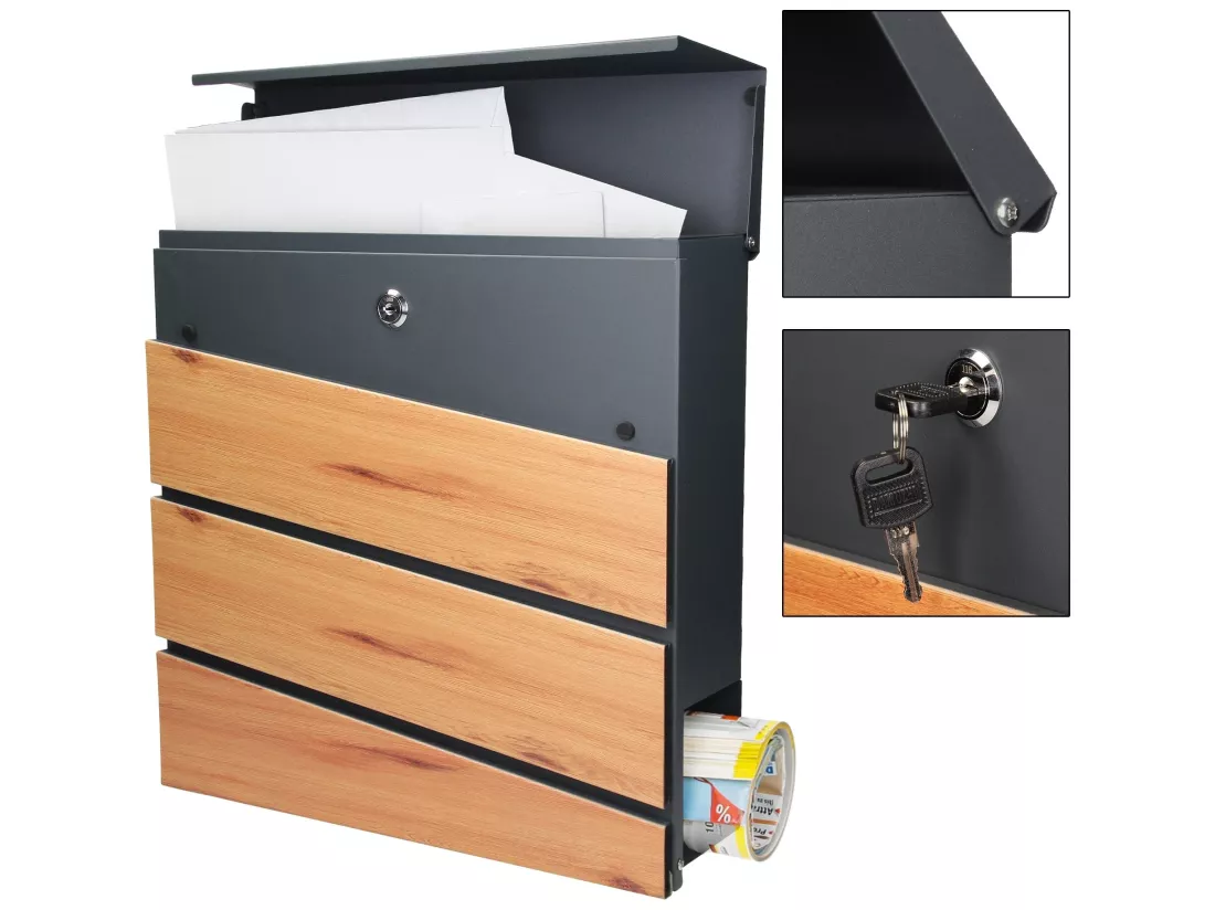Boîte aux lettres murale anthracite design bois 11x37x26,5 cm ML-DESIGN