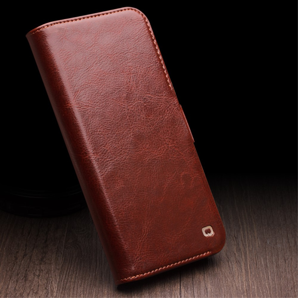 iPhone 15 Echtleder Tasche Flip Wallet Cover mit Kartenfächer - Braun