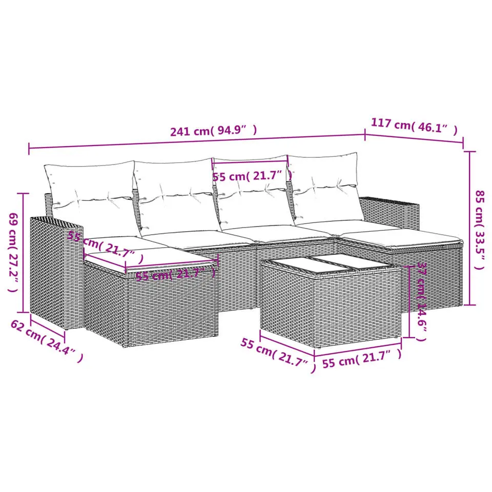 vidaXL - Loungeset - Grijs - Poly rattan - 7 stuks - Met kussens