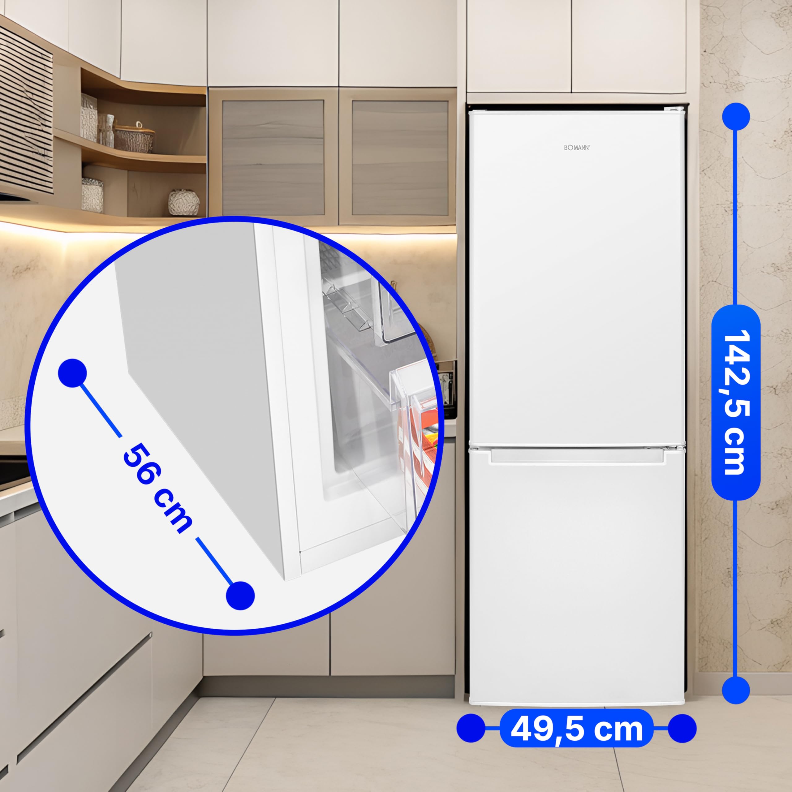 Bomann, KG7359 Réfrigérateur et Congélateur 173L Blanc - 121L Réfrigérateur, 52L Congélateur 4 Étoiles, Éclairage LED, Alarme d'Ouverture, Bac à Légum