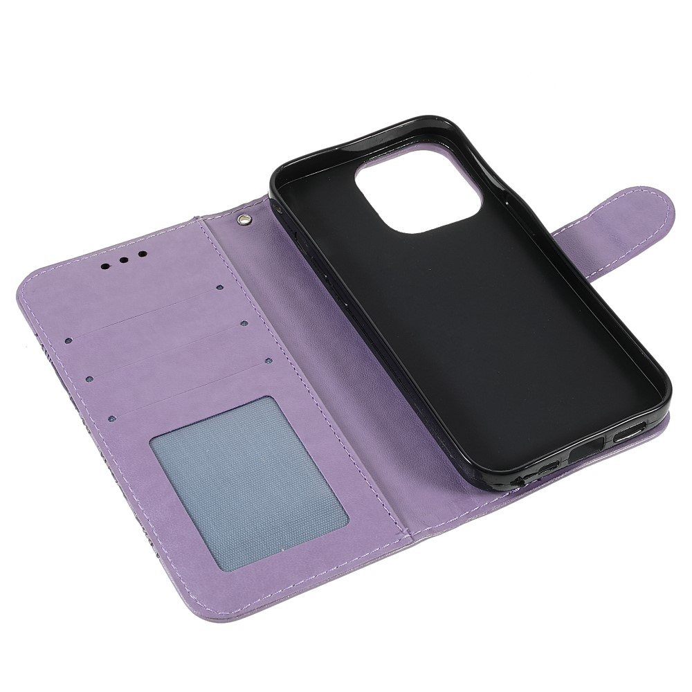 iPhone 13 Pro Leder Tasche Wallet - Mandala Flowers Imprint - Lila