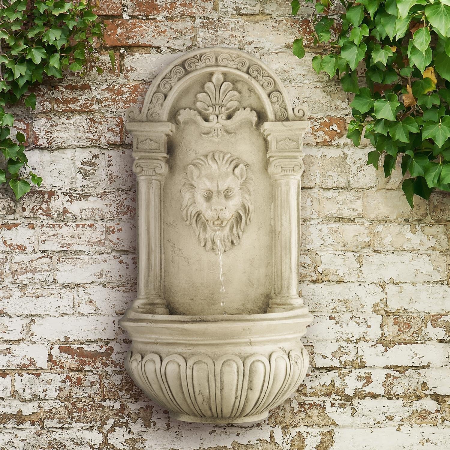 blumfeldt Löwenstein Gartenbrunnen mit LED-Beleuchtung - Löwenkopf Edition, Wandbrunnen antik, Zierbrunnen, Outdoor, Solarpanel, Akku: 2000 mAh, Dämmerungssensor, Naturstein-Optik, grau