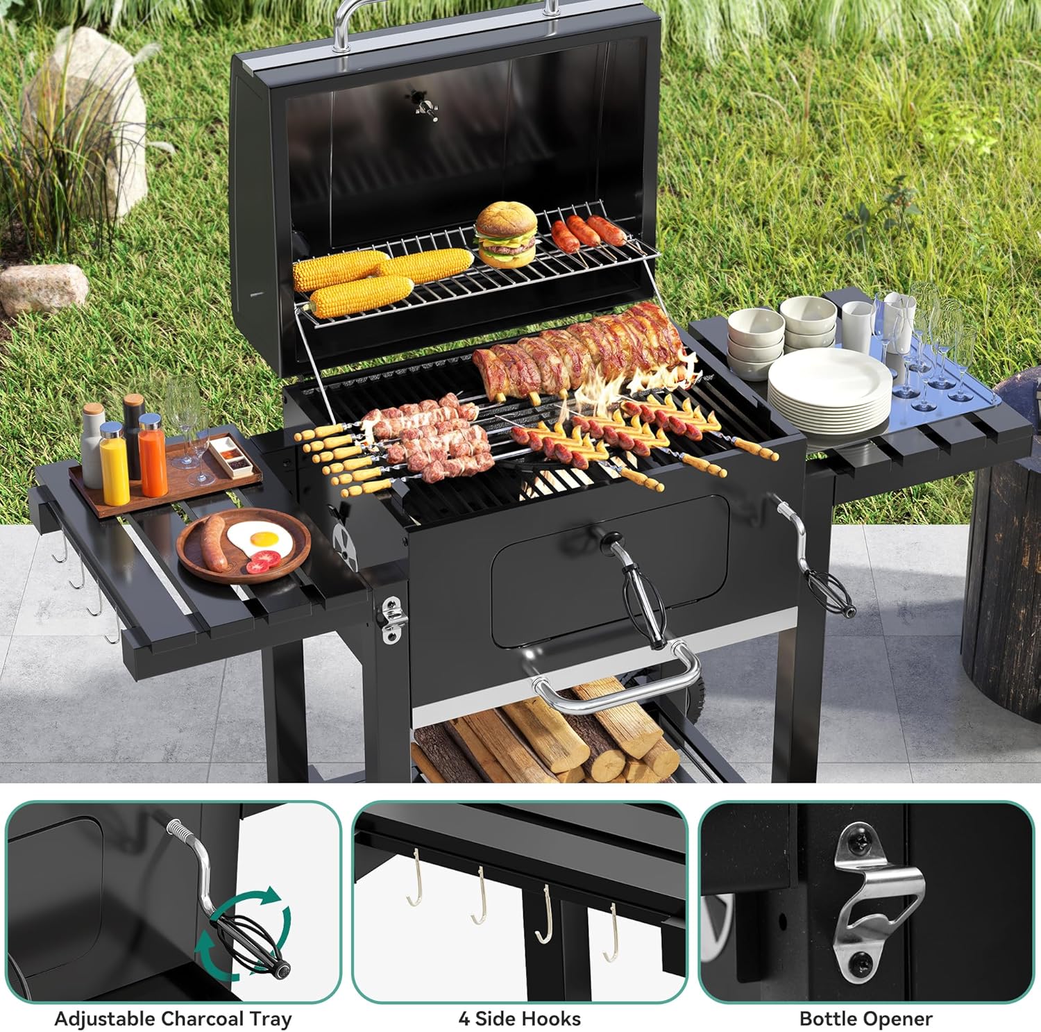 YITAHOME XXL Grillwagen Smoker Holzkohlegrill mit Gusseisenrost & Emaille-Pfanne - Mobiler BBQ Grill für Garten, Camping, Outdoor - Inkl. Thermometer, Küchenzange, Grillhandschuh, Robustes Design