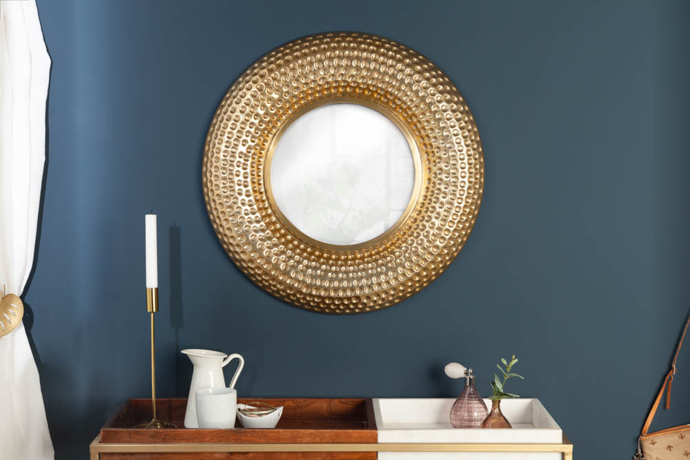 Handgearbeiteter Wandspiegel ORIENT 60cm gold im Hammerschlag Design aus Metall