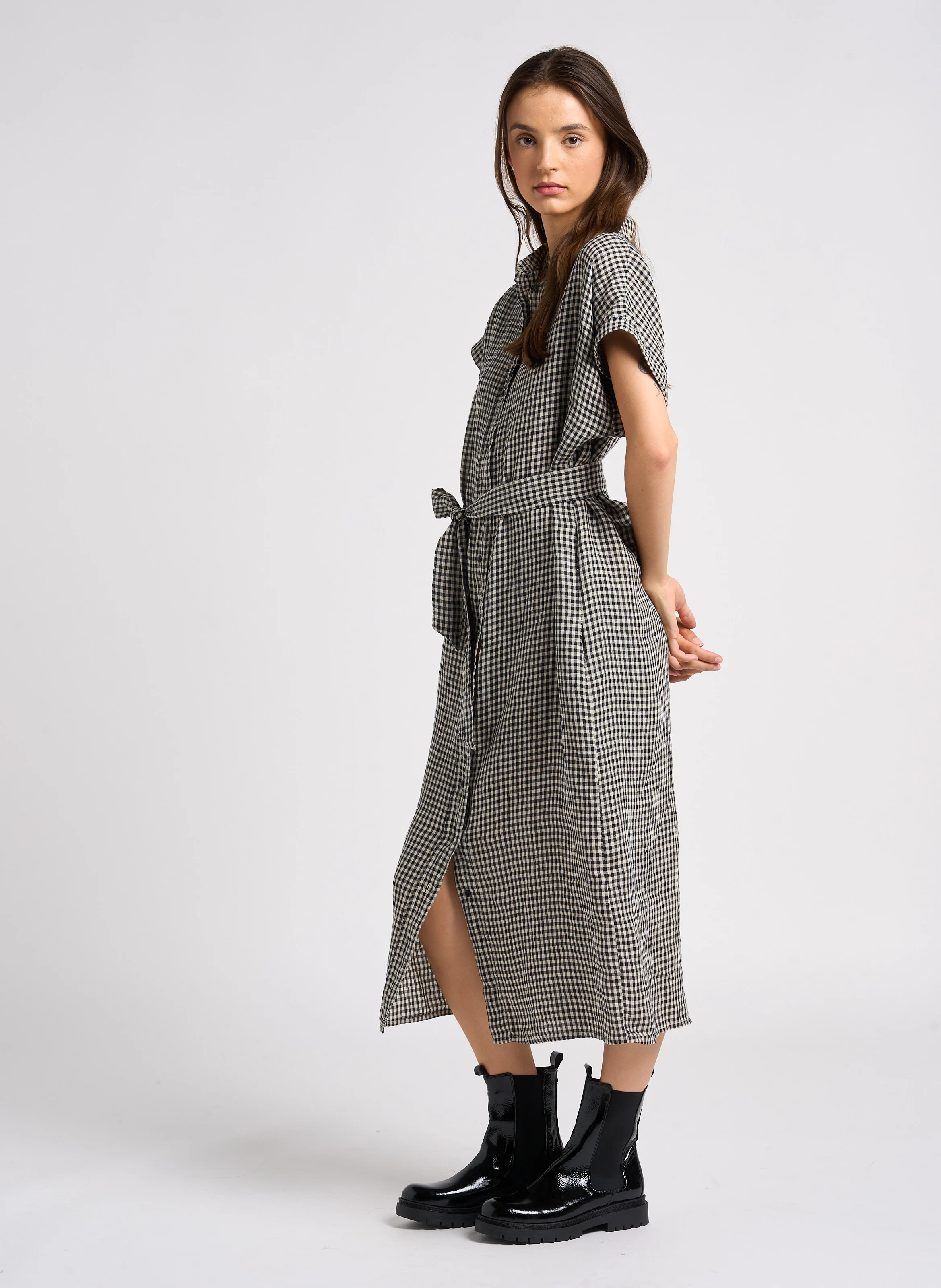 MALOU - Robe chemise midi imprimée en lin| Noir