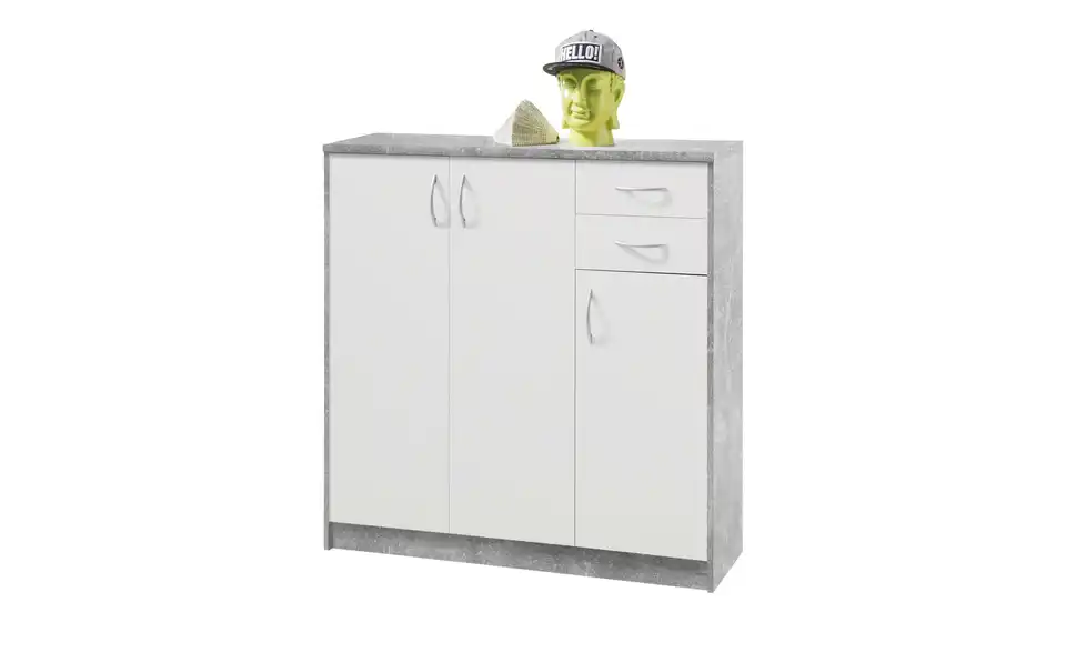 Kommode Optimus Weiß, Betonoptik Ausführung III (3 Türen/2 Schubkästen) 112 cm