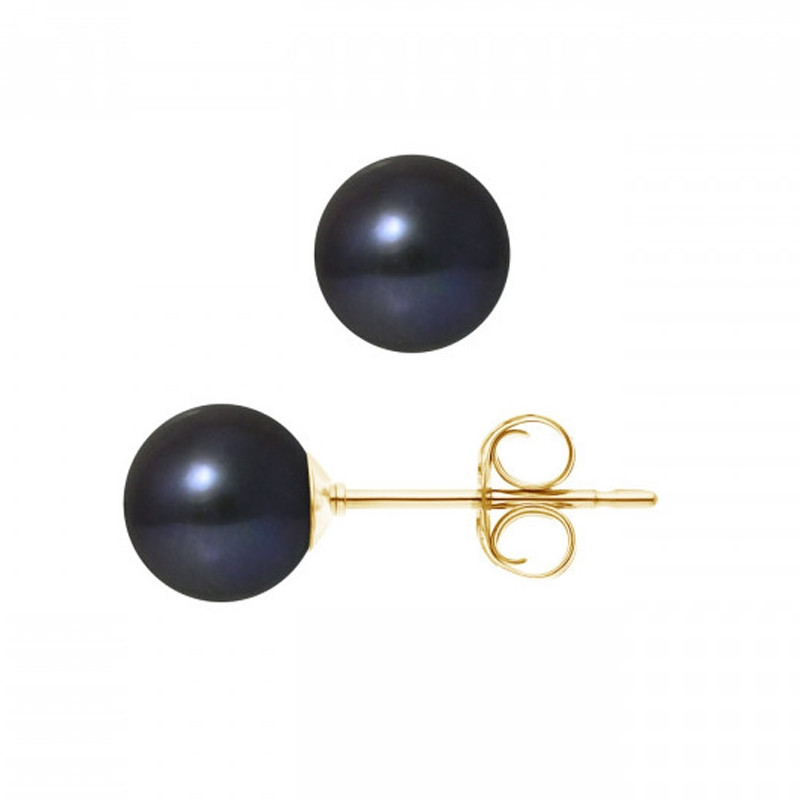 Boucles d'Oreilles Perles de Culture d'eau douce Noires 7.5 mm et or jaune 750/1000
