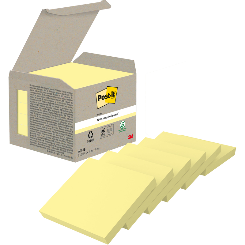 Post-it Haftnotizen Recycling, 38 x 51 mm, 6 x 100 Blatt