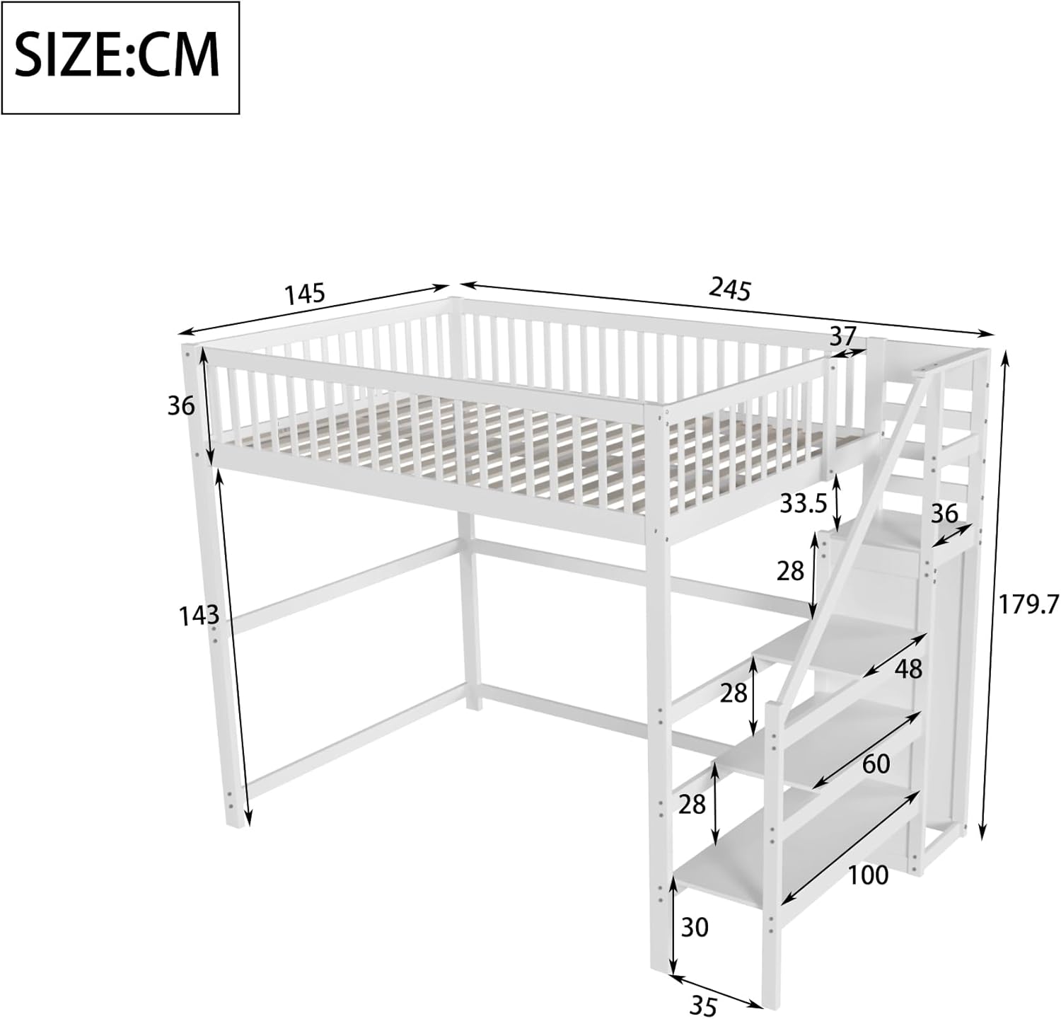 Merax Hochbett 1-Plätzig 140 x 200 cm, Multifunktionales Hochbett für Kinder mit Kleiderschrank und Treppe, Weiß (ohne Matratze)