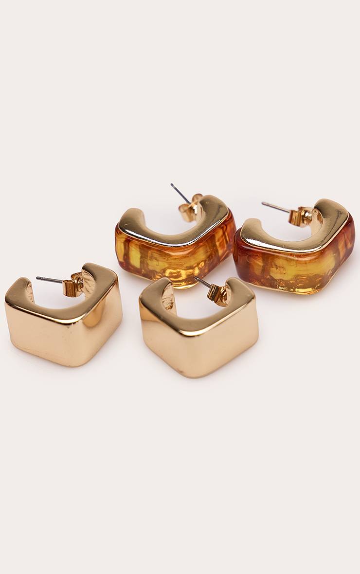 Doré Lot De Boucles D'oreilles Créoles Carrées En Résine