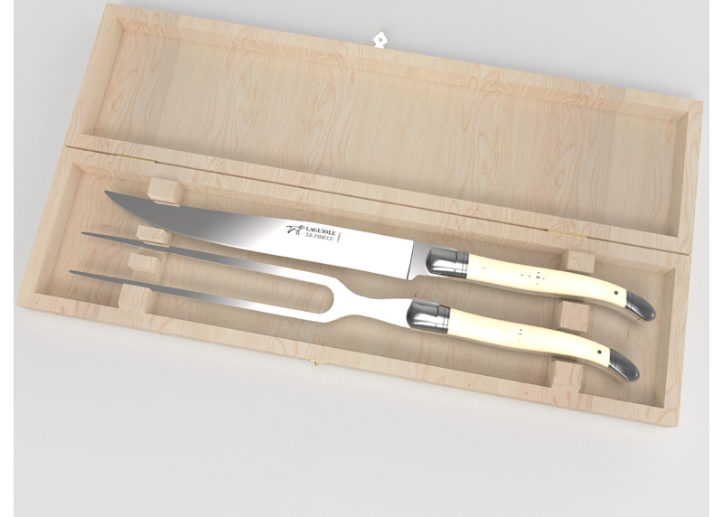 Service à viande Laguiole avec un manche en os de bovin et mitres en acier inoxydable