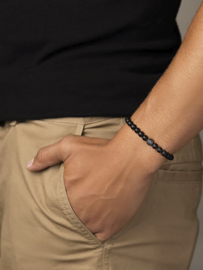 Nialaya Men's Wristband with Matte Onyx and Black CZ Diamond Black