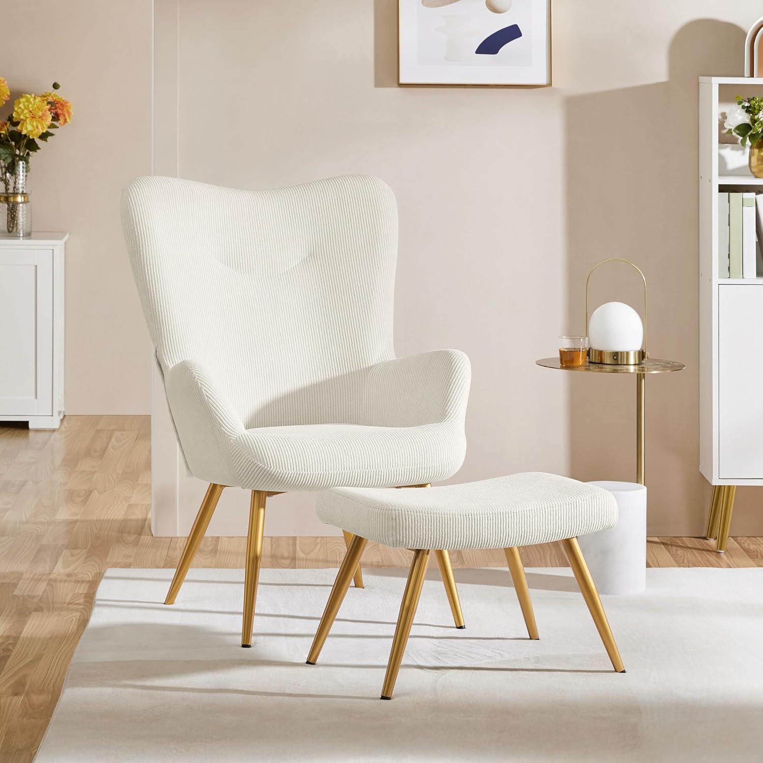 Yaheetech Ohrensessel mit Hocker aus Cordstoff Loungesessel mit Klappbarer Rückenlehne bis 136 kg belastbar Sessel fürs Wohnzimmer/Schlafzimmer Beige