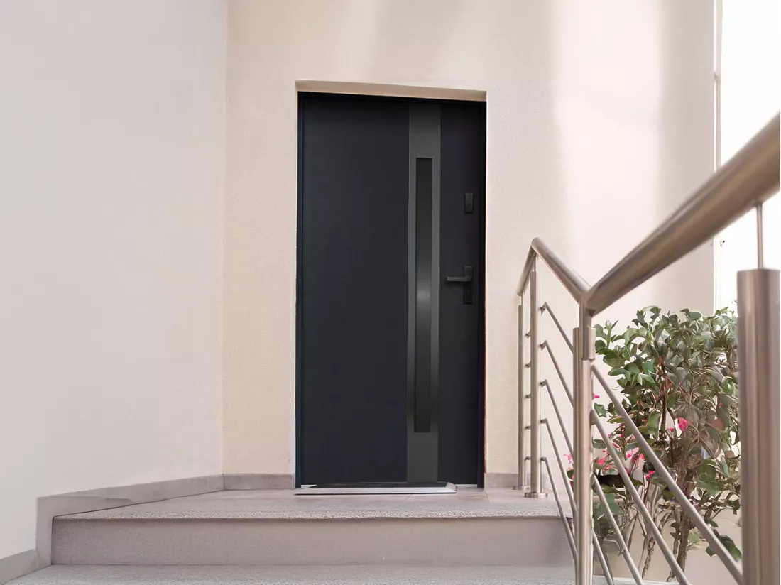 Porte d'entrée en acier pleine et inox H207 x L100 cm - verre fumé - noir et anthracite - poussant gauche - BRAGA