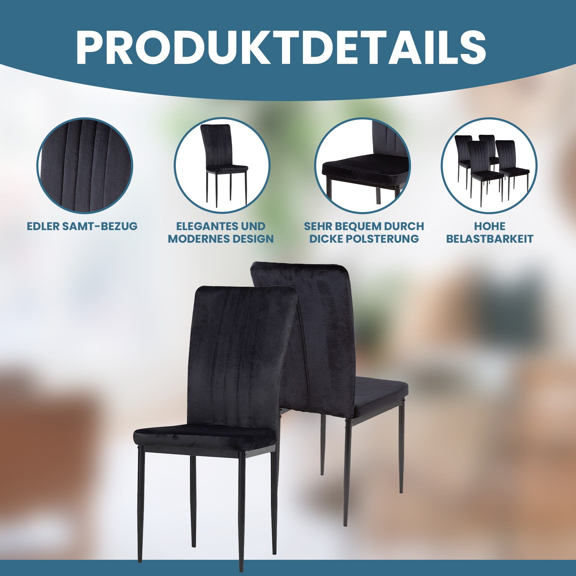 Albatros Esszimmerstühle mit Samt-Bezug 4er Set MODENA, Schwarz - Stilvolles Vintage Design, Eleganter Polsterstuhl am Esstisch - Küchenstuhl oder Stuhl Esszimmer mit hoher Belastbarkeit