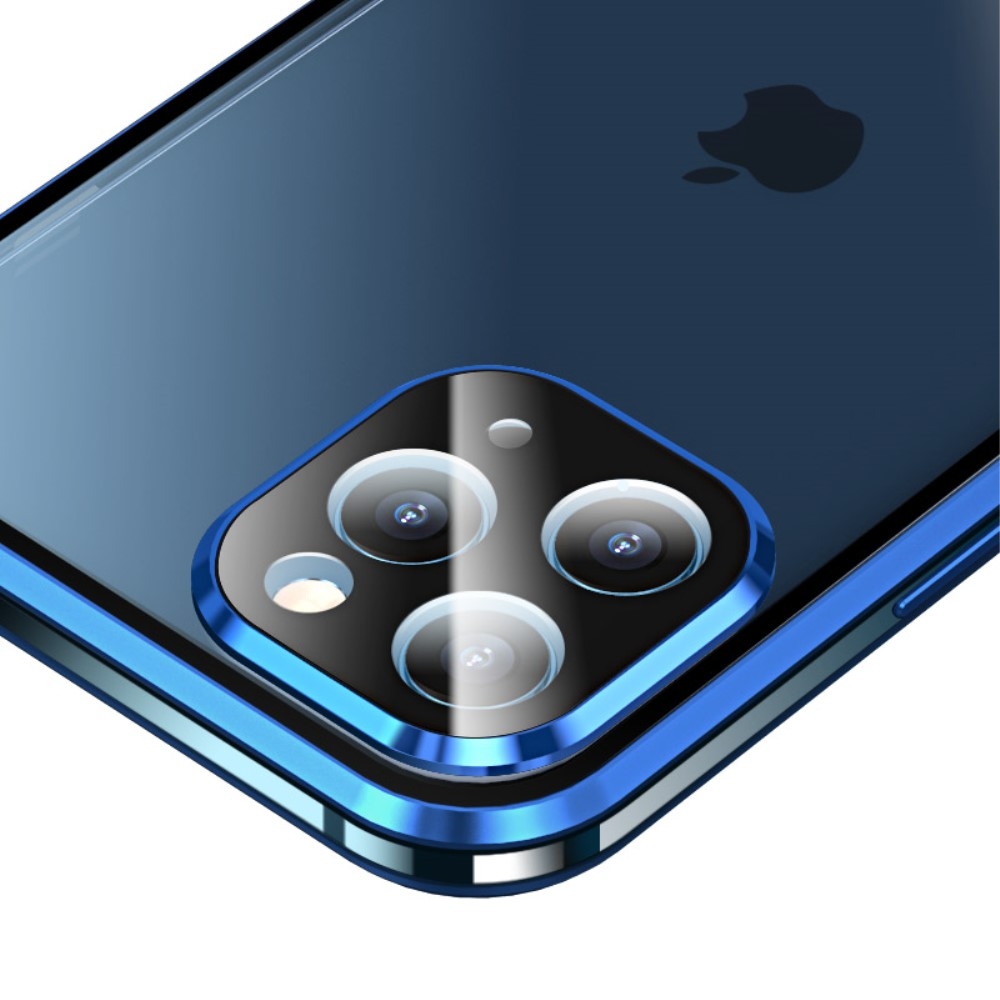 iPhone 12 Pro Magnetische Alu Schutzhülle mit Panzer Glas Backcover   Display- / Kameraglasschutz (Magnet-Technologie) - Blau