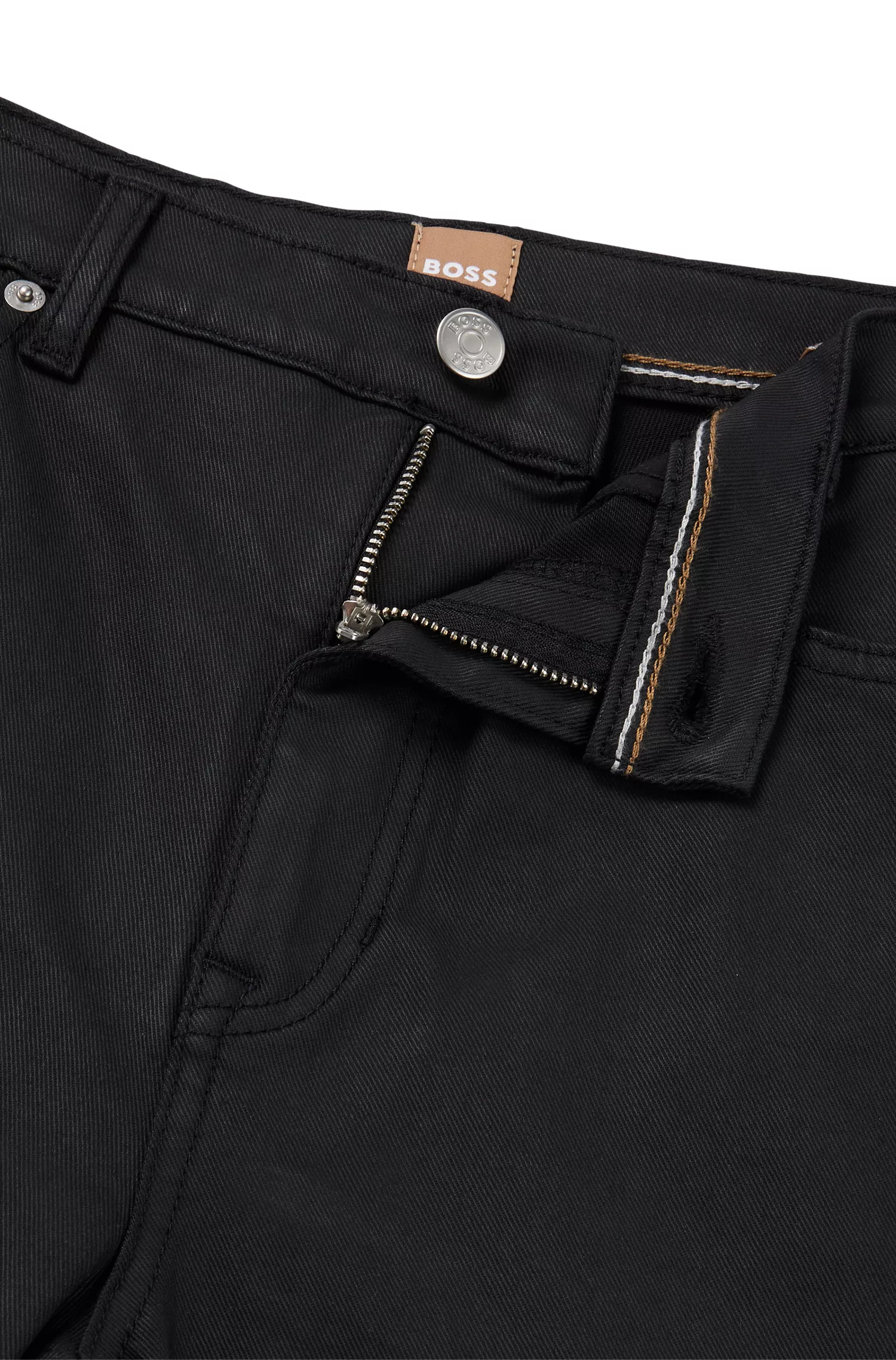 Calça jeans BOSS preta de cintura alta em denim revestido preto