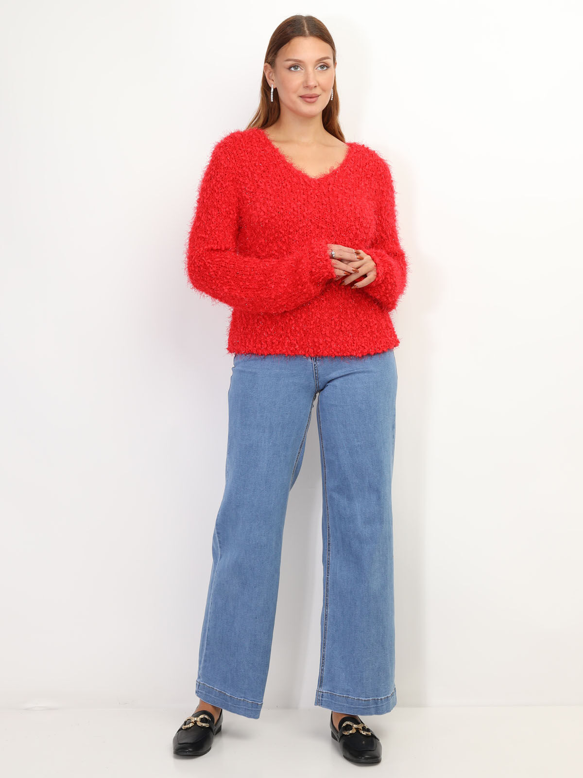 Pull duveteux avec fils brillants- Rouge