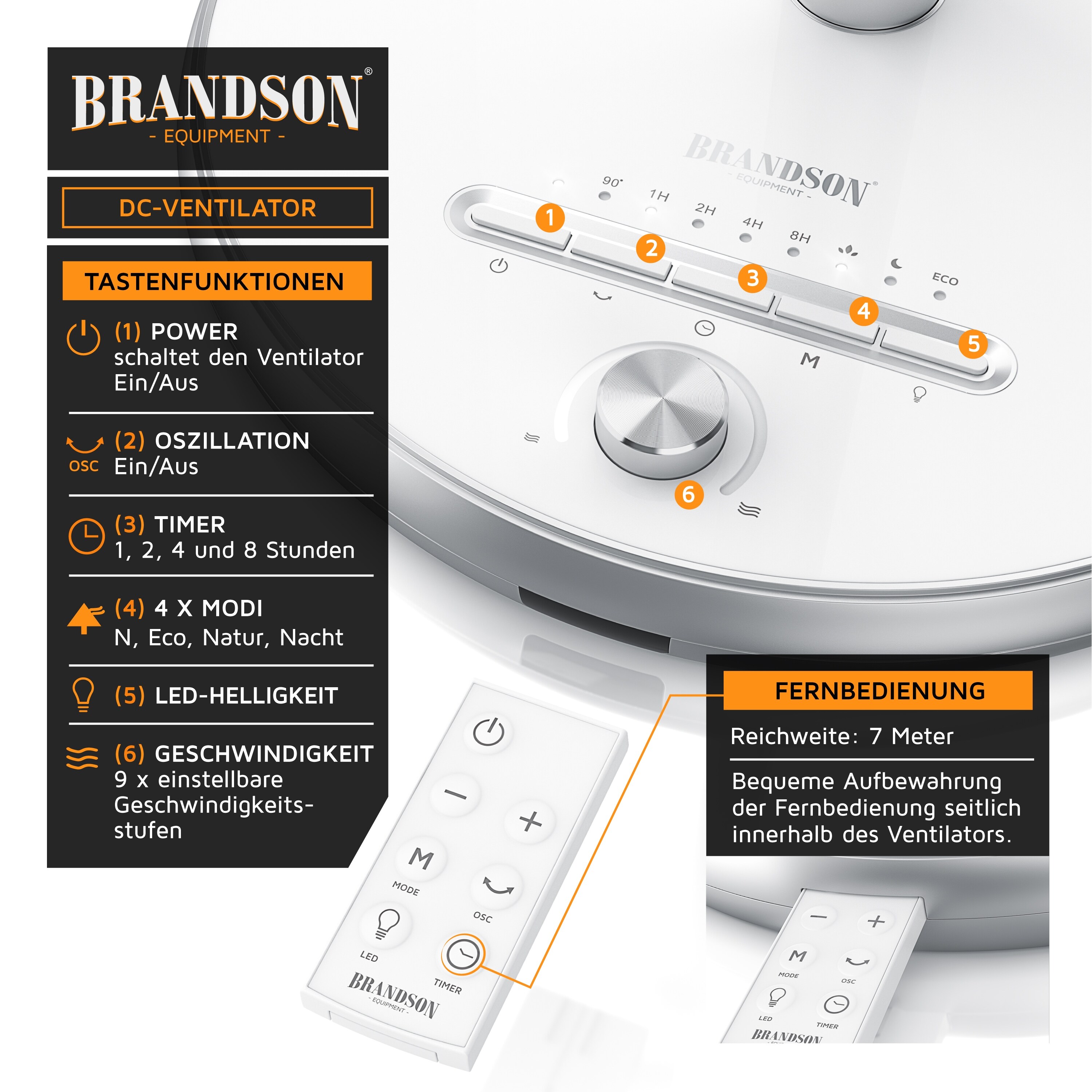 Brandson - Standventilator mit DC Motor - ECO Energiesparend - 9 Geschwindigkeiten - Ventilator mit Fernbedienung - Timer - 100° Oszillation - LED