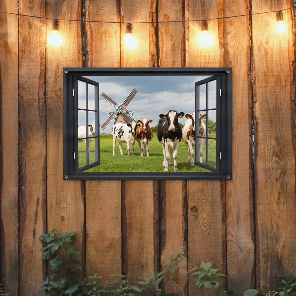 MuchoWow Tuinposter 90x60cm Doorkijk Koe Molen Koeien