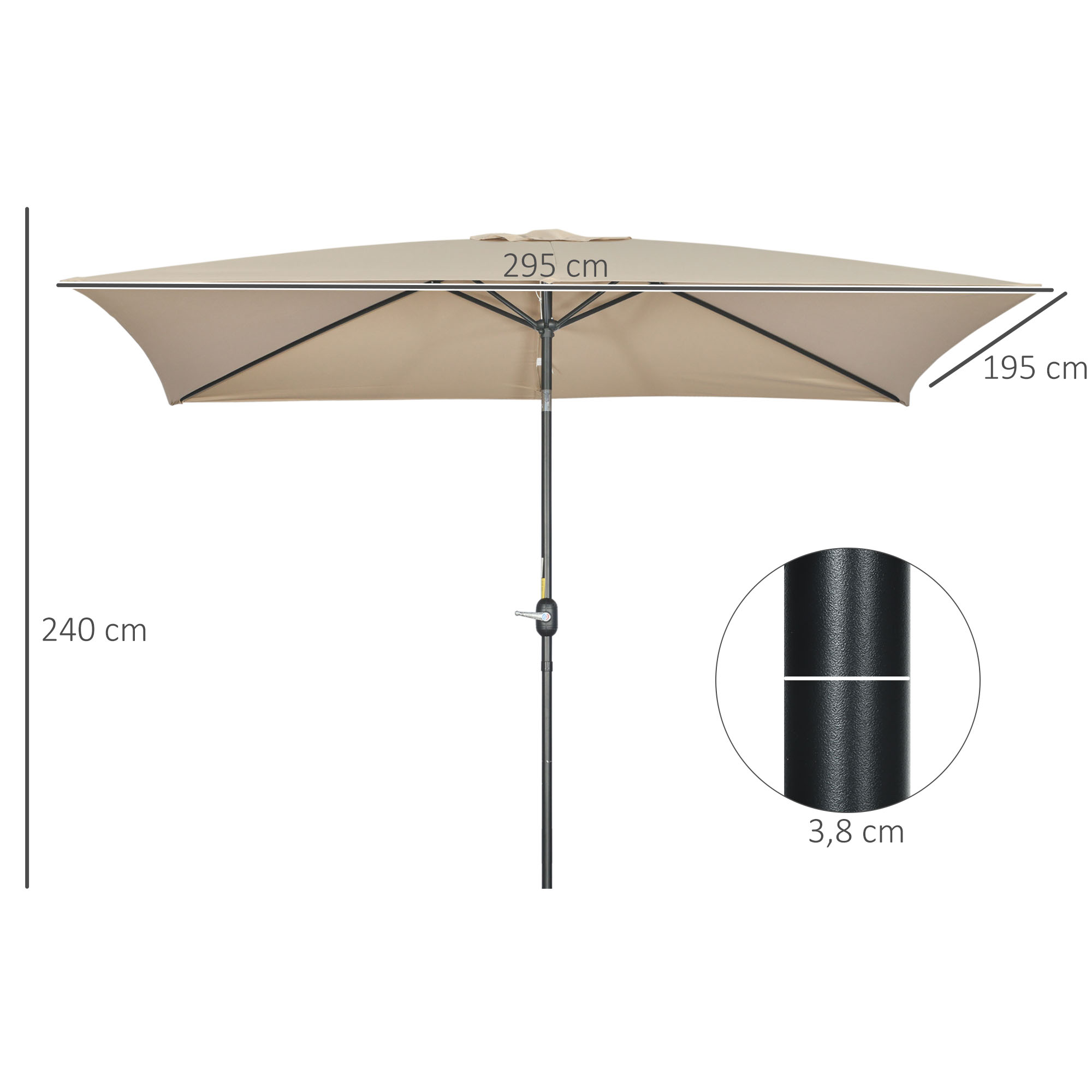 Guarda-sol retangular de alumínio Outsunny, 200x300x240 cm, com manivela e mastro removível, ideal para terraços, piscinas, pátios e áreas externas, na cor cáqui.